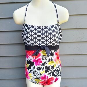 Liz Claiborne Swimsuit Black White Pink One Piece size 14